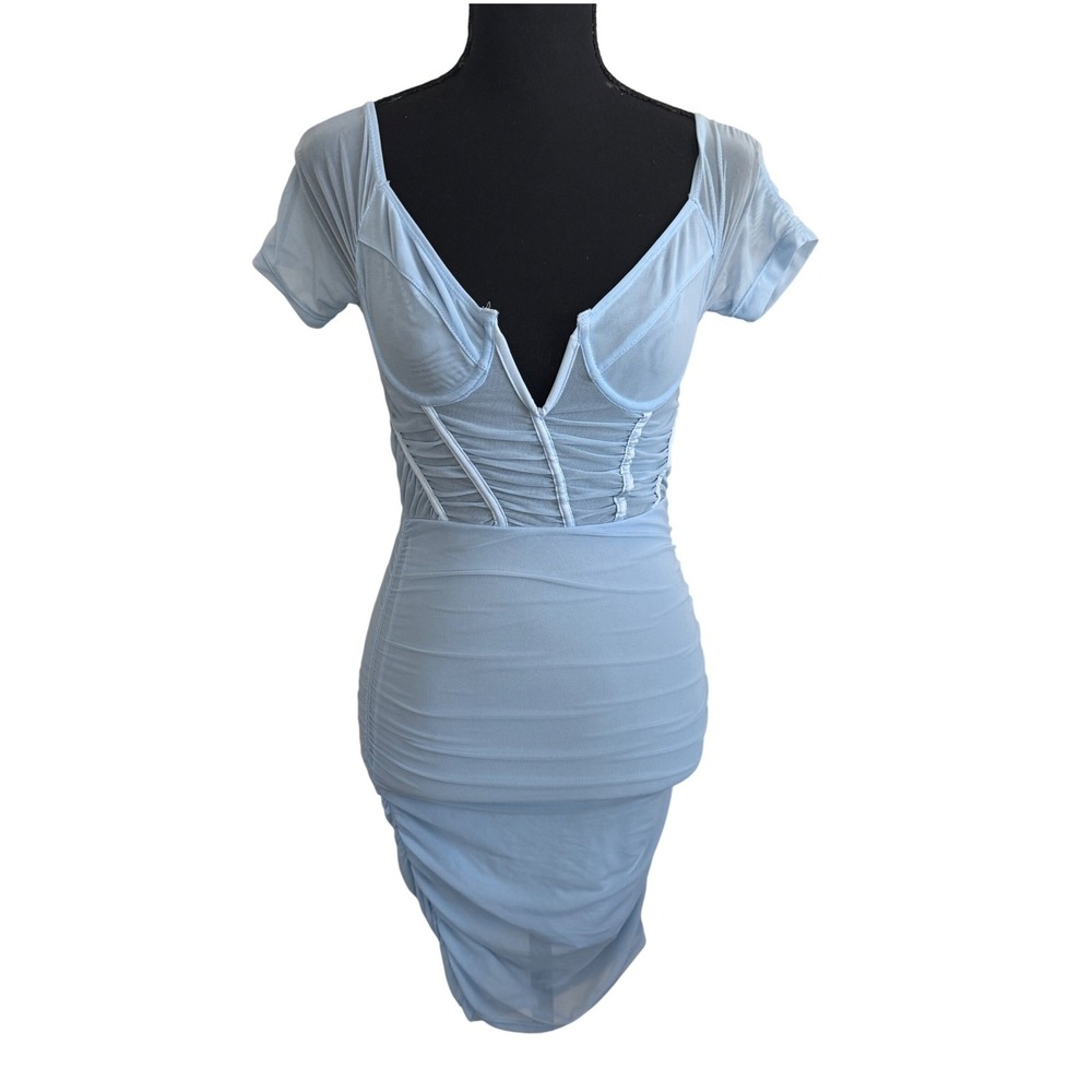 Fashion Nova Fine And Flirty Y2K Babydoll Mini Dress Light Blue Corset Mesh S